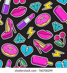 Cute seamless pattern with colorful patches. Stickers of ice cream, cherry, lipstick, lips, heart, shoe, donuts, diamonds etc on black background. Fashion patches and stickers. Vector illustration.