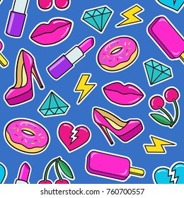 Cute seamless pattern with colorful patches. Stickers of ice cream, cherry, lipstick, lips, heart, shoe, donuts, diamonds etc on blue background. Fashion patches and stickers. Vector illustration.