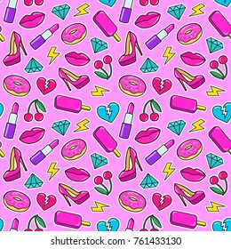 Cute seamless pattern with colorful patches. Stickers of ice cream, cherry, lipstick, heart, high heel shoes, donuts, diamonds etc on pink background. Fashion patches and stickers. Vector illustration