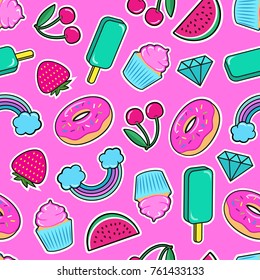 Cute seamless pattern with colorful patches. Stickers of ice cream, cherry, strawberry, rainbow, donut, cupcake, diamond etc on pink background. Fashion cool patches and stickers. Vector illustration.