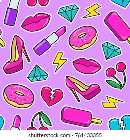 Cute seamless pattern with colorful patches. Stickers of ice cream, cherry, lipstick, heart, high heel shoes, donut, diamond etc on violet background. Fashion patches and stickers. Vector illustration