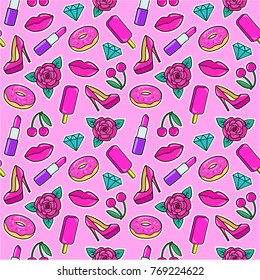 Cute seamless pattern with colorful patches. Stickers of ice cream, cherry, lipstick, rose, high heel shoes, donuts, diamonds etc on pink background. Fashion patches and stickers. Vector illustration