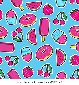 Cute seamless pattern with colorful patches. Stickers of ice cream, cherry, strawberry, watermelon, donut, cupcake etc on blue background. Fashion cool patches and stickers. Vector illustration.