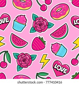 Cute seamless pattern with colorful patches. Stickers of rose, cherry, heart, watermelon, donut, cupcake, strawberry etc on pink background. Fashion cool patches and stickers. Vector illustration.