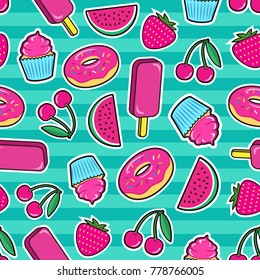 Cute seamless pattern with colorful patches. Stickers of ice cream, cherry, strawberry, watermelon, donut, cupcake etc on green background. Fashion cool patches and stickers. Vector illustration.
