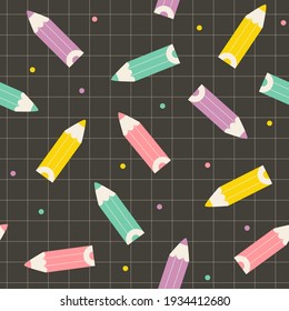 Patrón perfecto con lápices de colores sobre el fondo negro a cuadros. Patrón de vectores con tema escolar.