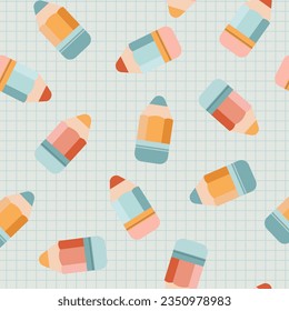 Cute seamless pattern with colorful pencils on the checkered  background. Great for wallpaper, web background, wrapping paper, fabric, packaging, greeting cards and more.