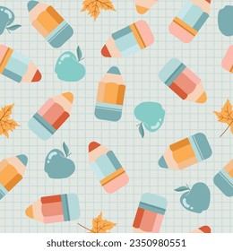 Cute seamless pattern with colorful pencils, apples, leaves on a checkered background. Great for wallpaper, web background, wrapping paper, fabric, packaging, greeting cards 