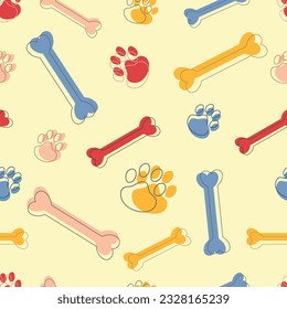 Cute seamless pattern with colorful pet paw and bone. Dog Bone vector dog paw doodle Seamless pattern isolated wallpaper background.