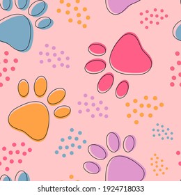 Cute seamless pattern with colorful pets paws. Cat or dog footprint outline background with dots. Animal backdrop for pet shops, product packing, greeting card, vet clinic, pet care product, medicine