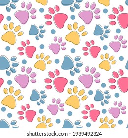 Cute seamless pattern with colorful pets paws on white. Cat or dog footprint outline background with dots. Animal backdrop for pet shops, product packing, greeting card, children textile design