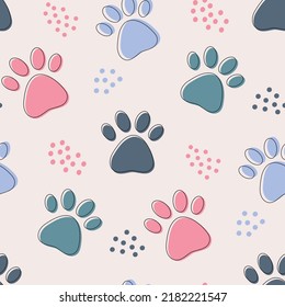 Cute seamless pattern with colorful pets paws. Cat or dog footprint outline pastel blue background with dots