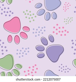 Cute seamless pattern with colorful pets paws. Cat or dog footprint outline background with dots. Animal backdrop for pet shops, product packing, greeting card, vet clinic, pet care product.