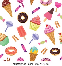 Cute seamless pattern with colorful popsicles, ice creams, donuts and candies. Vector illustration