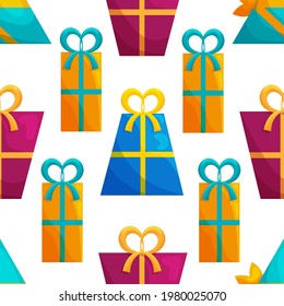 Cute seamless pattern with colorful present boxes with ribbons and bows. White background. Flat style illustration.