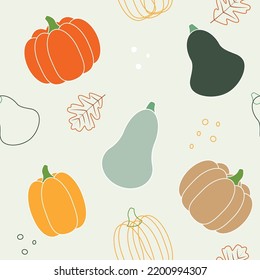 Cute seamless pattern with colorful pumpkins and leaves. Vector illustration in flat style