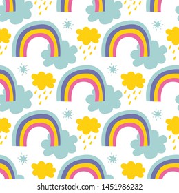 Cute seamless pattern with colorful rainbows and clouds in cartoon style. Vector illustration for kids brend, fabric design, card, poster. Nursery decoration