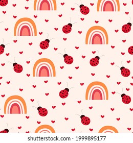 Cute seamless pattern with colorful rainbows, ladybugs and a flat Scandinavian doodle style. Vector illustration for a children s brand, fabric design, postcard, poster. Decoration of children room.