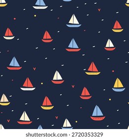 Lindo patrón sin fisuras con coloridos barcos de vela sobre fondo azul oscuro en estilo de ilustración de niños juguetones