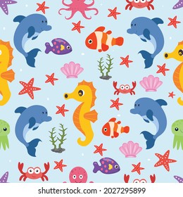 Cute seamless pattern with colorful sea animals. Vector Illustration. 

