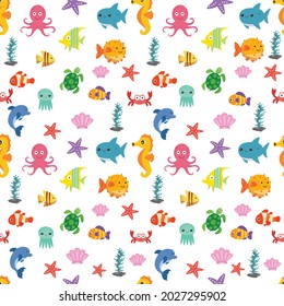 Cute seamless pattern with colorful sea animals. Vector Illustration. 
