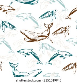 Cute seamless pattern with colorful sea animals.  Vector Illustration.