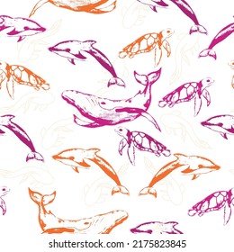 Cute seamless pattern with colorful sea animals. Pattern with flat drawings of cute sharks, octopuses, crabs on a white background.