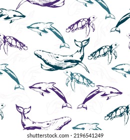 Cute seamless pattern with colorful sea animals.  Flat cartoon illustration