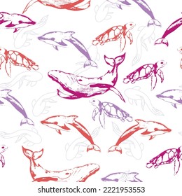Cute seamless pattern with colorful sea animals.  Flat cartoon illustration
