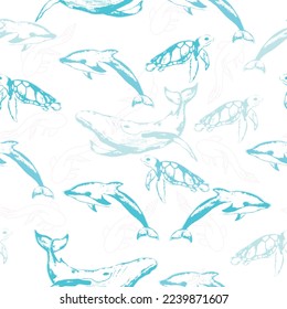 Cute seamless pattern with colorful sea animals.  Cute marine underwater fauna with narwhal, whale and dolphin. 