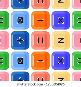Cute seamless pattern with colorful square clothing buttons with stitches. White background. Flat style illustration.