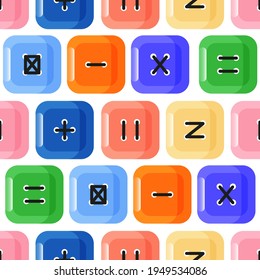 Cute seamless pattern with colorful square clothing buttons with stitches. White background. Flat style illustration.