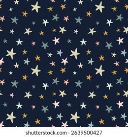 Cute seamless pattern with colorful stars on a blue background. Perfect for children's design.