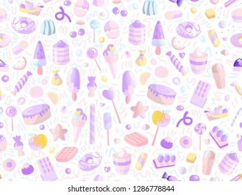 Cute seamless pattern with colorful sweets, cakes, lollipops. Cartoon seamless pattern with candy and sweet dessert. Fun colorful sweet pattern with candy, ice cream, round lollipops. Candy pattern