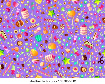 Cute seamless pattern with colorful sweets, cakes, lollipops. Cartoon seamless pattern with candy and sweet dessert. Fun colorful sweet pattern with candy, ice cream, round lollipops. Candy pattern