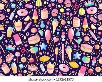 Cute seamless pattern with colorful sweets, cakes, lollipops. Cartoon seamless pattern with candy and sweet dessert. Fun colorful sweet pattern with candy, ice cream, round lollipops. Candy pattern
