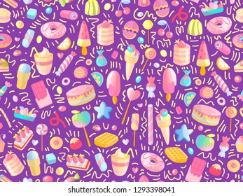 Cute seamless pattern with colorful sweets, cakes, lollipops. Cartoon seamless pattern with candy and sweet dessert. Fun colorful sweet pattern with candy, ice cream, round lollipops. Candy pattern
