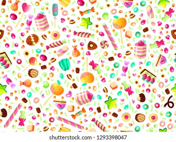 Cute seamless pattern with colorful sweets, cakes, lollipops. Cartoon seamless pattern with candy and sweet dessert. Fun colorful sweet pattern with candy, ice cream, round lollipops. Candy pattern