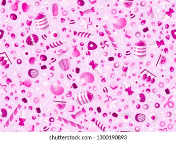 Cute seamless pattern with colorful sweets, cakes, lollipops. Cartoon seamless pattern with candy and sweet dessert. Fun colorful sweet pattern with candy, ice cream, round lollipops. Candy pattern