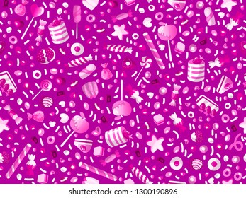 Cute seamless pattern with colorful sweets, cakes, lollipops. Cartoon seamless pattern with candy and sweet dessert. Fun colorful sweet pattern with candy, ice cream, round lollipops. Candy pattern