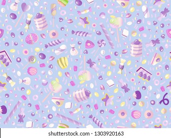 Cute seamless pattern with colorful sweets, cakes, lollipops. Cartoon seamless pattern with candy and sweet dessert. Fun colorful sweet pattern with candy, ice cream, round lollipops. Candy pattern