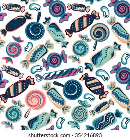 Cute seamless pattern with colorful sweets. Seamless different sweets pattern. Assorted candies background.