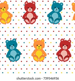 Cute seamless pattern with colorful teddy bears and dots