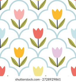 Cute seamless pattern with colorful tulip icons on white background. Stylish doodle floral background for nursery textiles, gift packaging and fabric. Modern minimalist sweet design pastel flowers