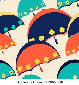 Cute Seamless pattern of colorful umbrella, artwork for background, paper print, textile. Vector design. 