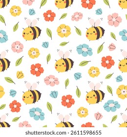 Cute seamless pattern with colorful various flowers and bees. Springtime, summertime. Printing on textiles, wallpaper, wrapping paper. Vector illustration in flat style