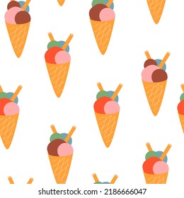 Cute seamless pattern with colorful waffle cone ice cream and straws. Vector background