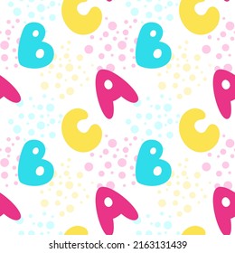 Cute seamless pattern with colorfull lettes and bubbles. Vector background for fabric, textile, scrapbook, gift wrapping paper. Ideal for children and baby projects. Vector illustration.