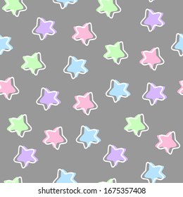 Cute seamless pattern with colorfull stars on grey. Vector background image for fabric, textile, scrapbook, gift wrapping paper. Ideal for children and baby projects. Vector illustration.