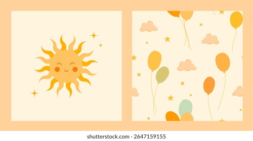 Um padrão perfeito bonito com balões coloridos, nuvens, estrelas em cores macias e pastel e uma impressão solar kawaii. Ótimo para impressões de roupas de criança, pijamas, roupa de cama, papel de parede, quarto, berçário, capa